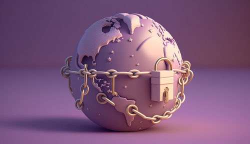 3D rendering of globe with chains around it and a padlock in claymation style