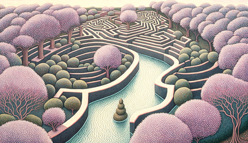 River flowing through maze v10 muted green and pinks and light blue