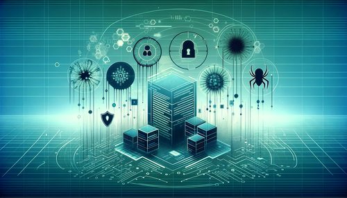 Graphic design representing an online system and potential attacks or threats in teals