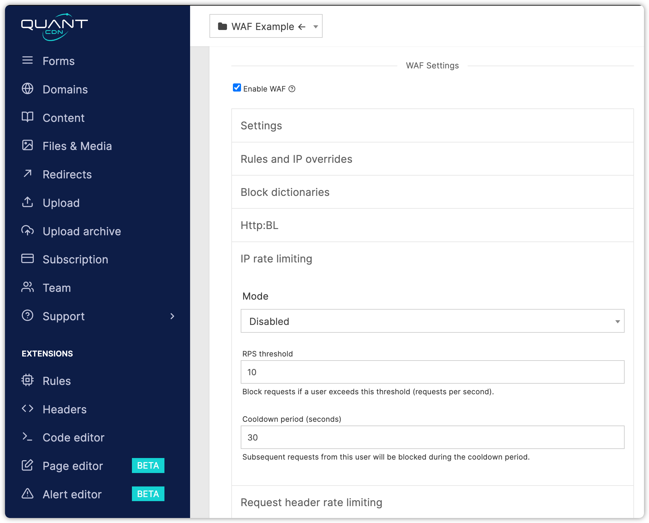 Screenshot of Quant WAF IP rate limiting settings form