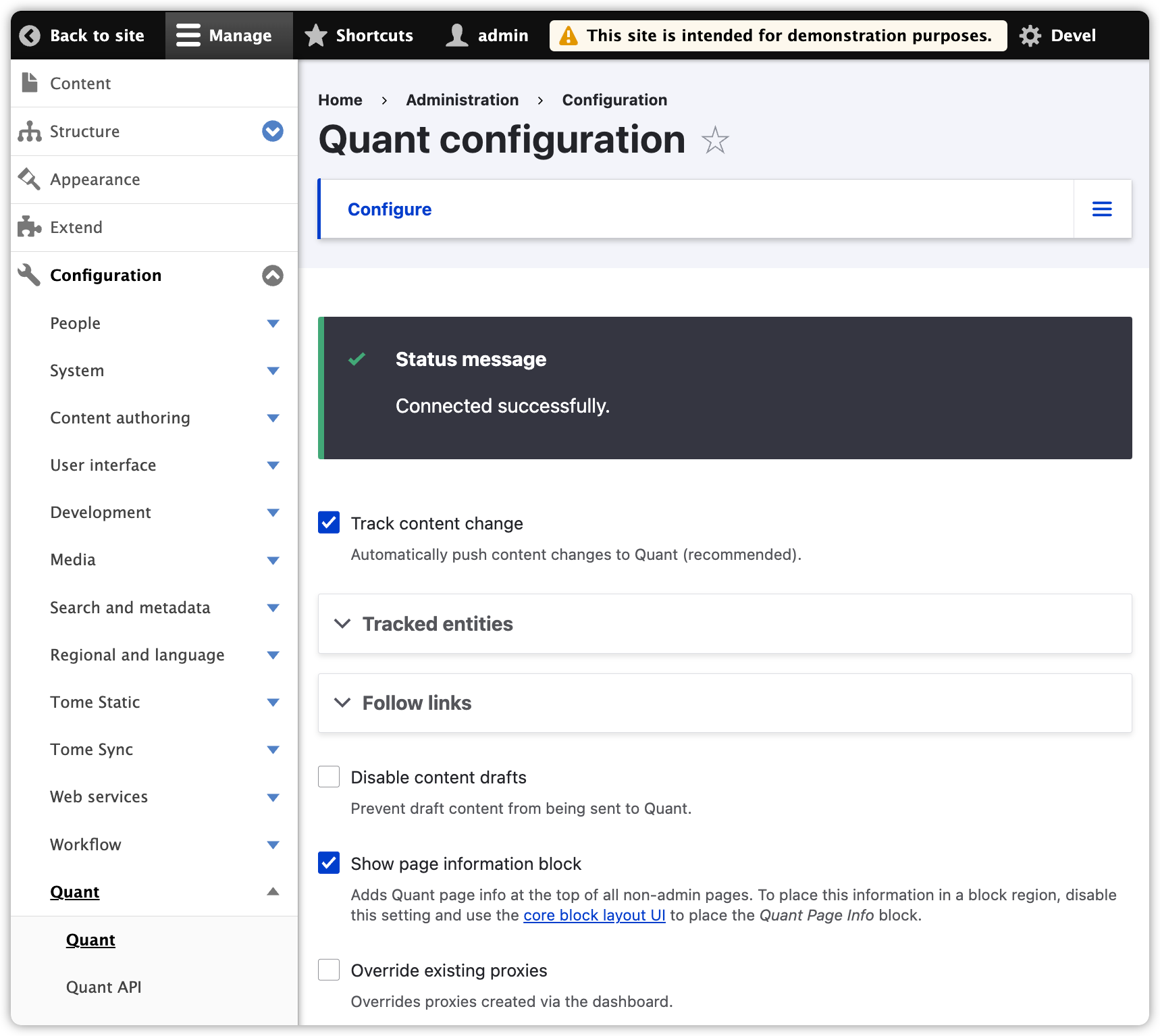 Screenshot of Quant page info block setting