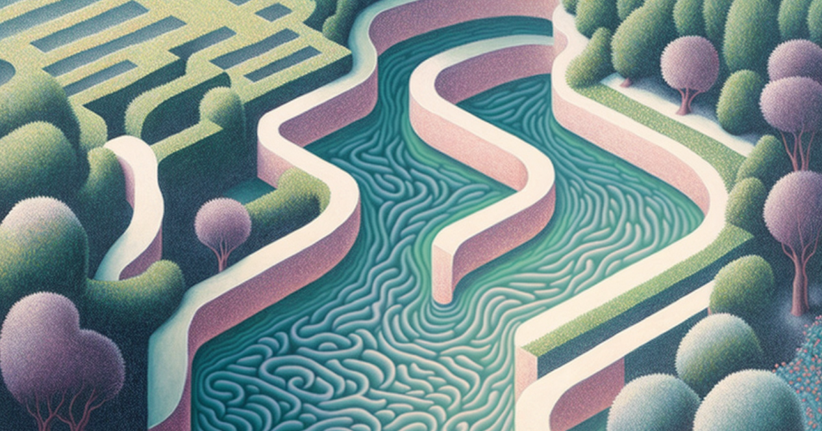 Graphic design of river flowing through a maze in pinks and oranges